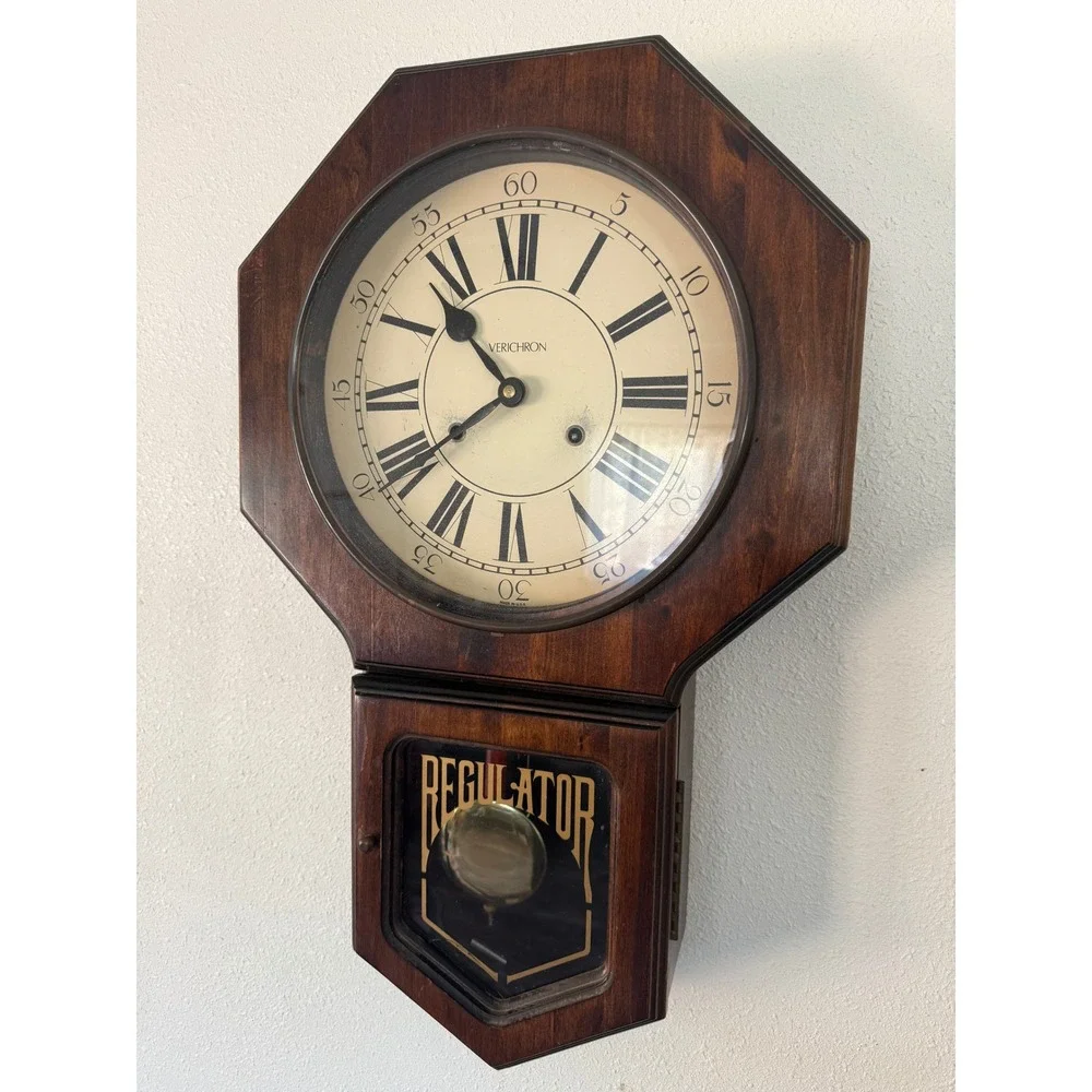 Verichron Regulator Wall Clock Vintage Wood Octagon Key Wind Pendulum USA
